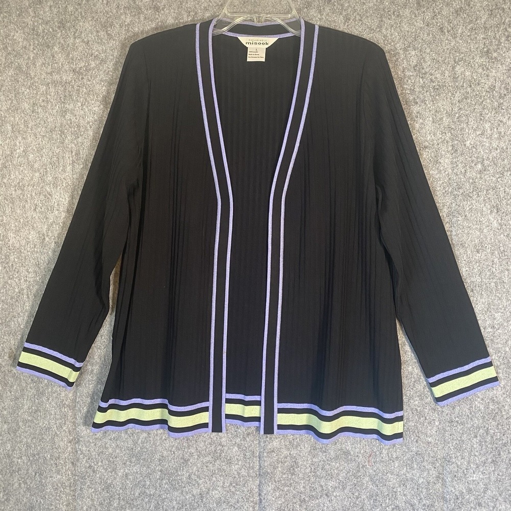 MISOOK Open Front Cardigan Womens Large Black Striped Ribbed Old Money Luxury